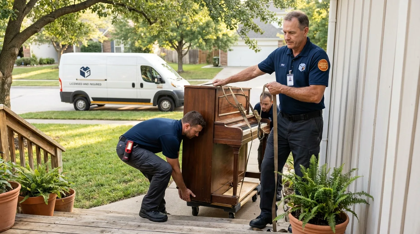 Licensed piano movers securing grand piano in Kimball, NE