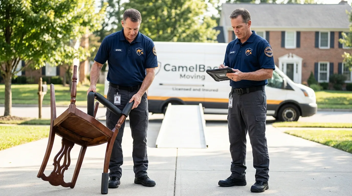 Movers inspecting furniture for damage prevention before loading in Kimball, NE