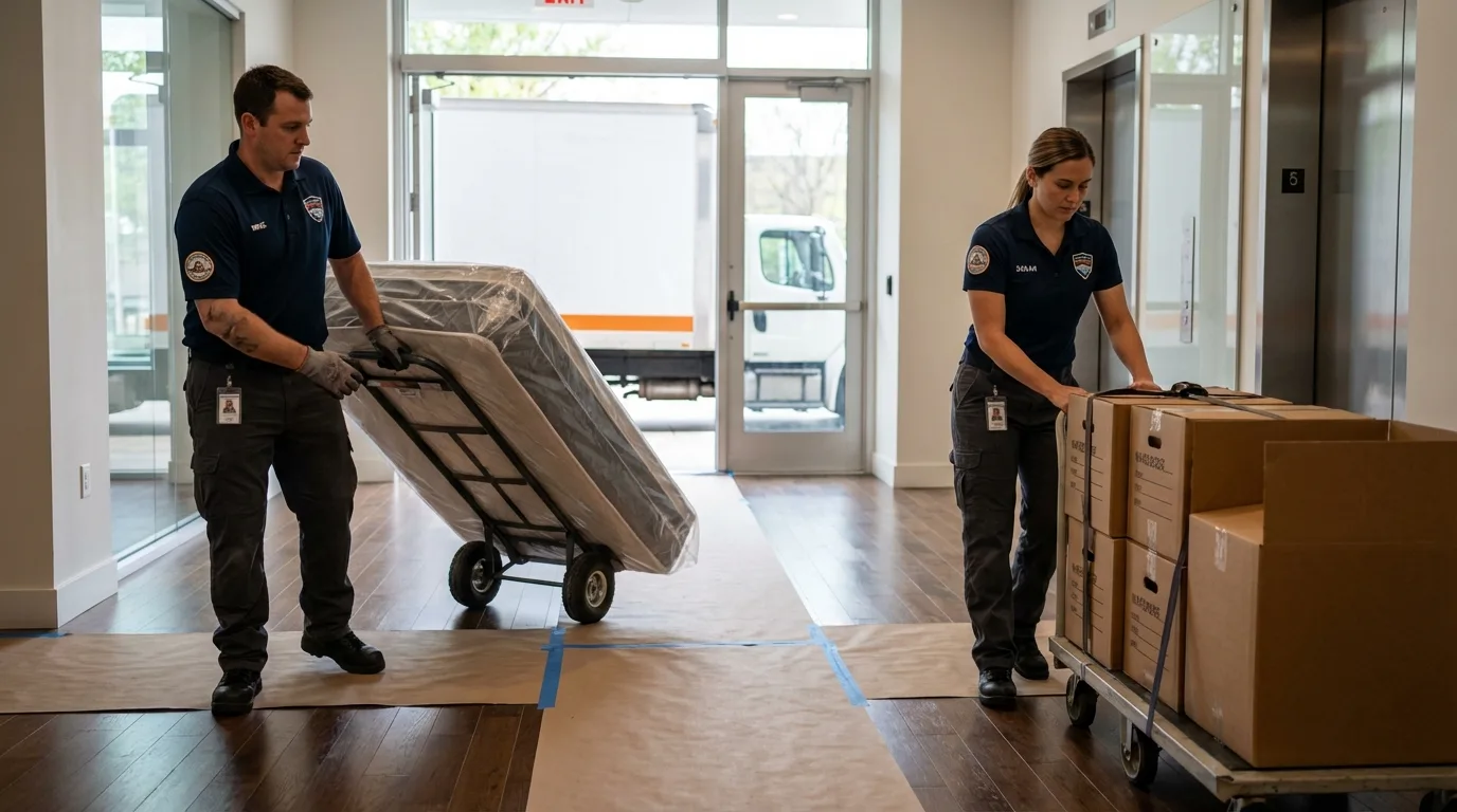 Professional apartment movers loading elevator in Kimball, NE