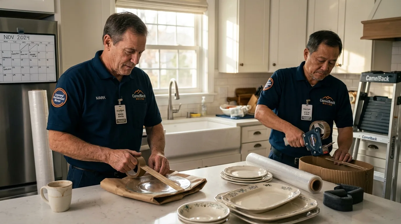 Professional crew packing kitchen dishware in Kimball, NE